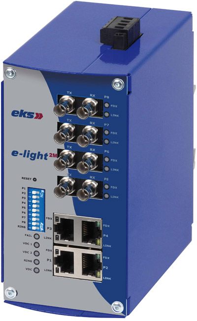 DIN-rail mounted industrial Ethernet managed switch, similar to the Moxa EDS-G516E used in industrial automation networks